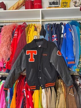 Black Varsity Letterman Jacket with Orange 'T' Patch